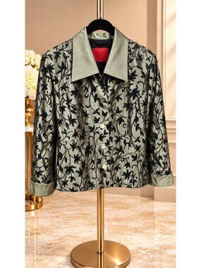 Vintage JS Collections Olive Green Black Beaded Floral Embellished Blazer Small
